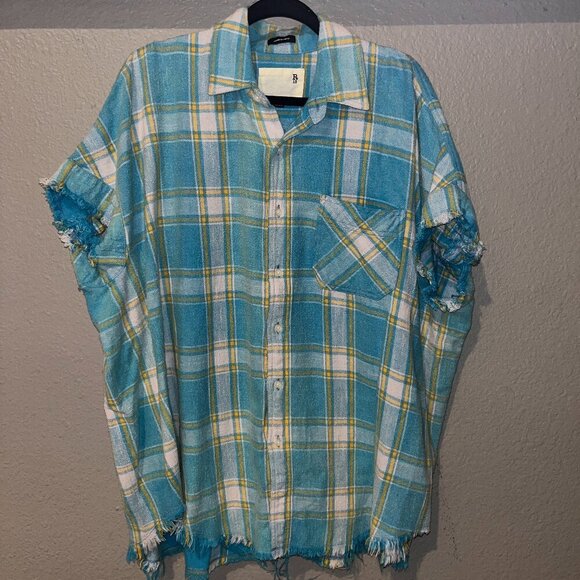 R13 JAPANESE FLANNEL FABRIC BOXY WORKSHIRT in BLUE PLAID UNISEX - DISTROYED - OS - Picture 1 of 16